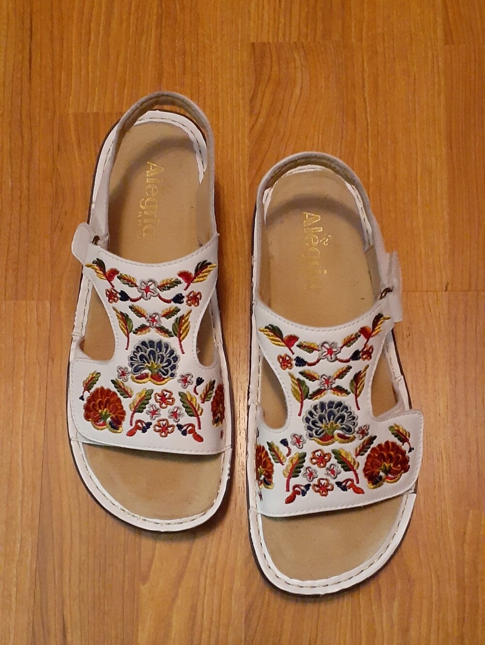 Alegria White Leather Sandals with Multicolor Floral Embroidery. Size 40